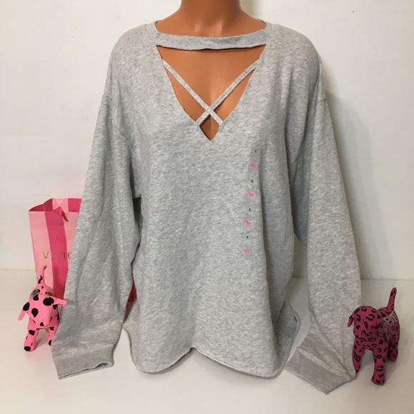PINK Victoria's Secret Tops - PINK VS V NECK STRAPPY FRONT LOGO SWEATSHIRT
